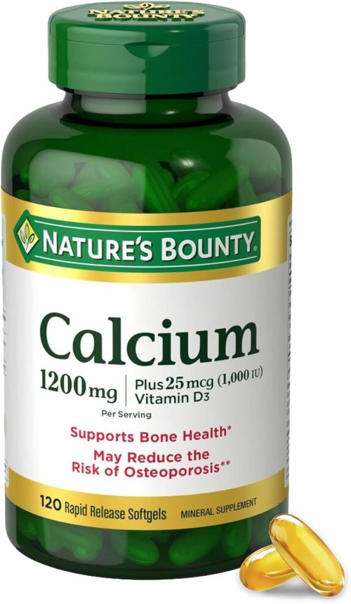 Nature’s Bounty Calcium Carbonate & Vitamin D, Supports Immune Health & Bone Health, 1200mg Calcium & 1000IU Vitamin D3, 120 Softgels