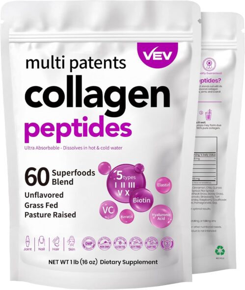 VEV Multi Collagen Peptides Powder, 1 lb – Type I, II, III, V, X, Hydrolyzed Collagen, Biotin, Hyaluronic Acid, Vitamin C, Supports Skin & Joints, Unflavored, Easy to Dissolve (Packaging May Vary)