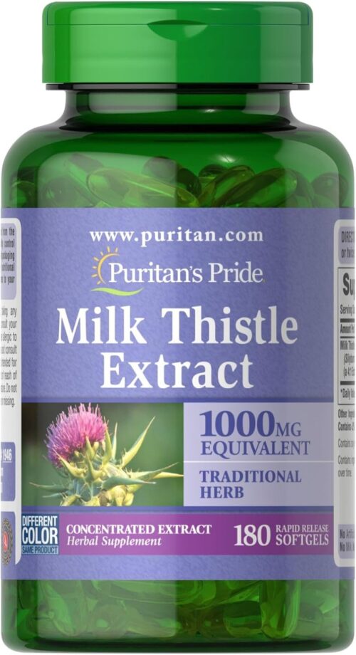 Puritan’s Pride Milk Thistle Silymarin 4:1 Concentration Extract 250 mg (1000 Mg equivalent), Dietary Supplement for Traditional Liver Support, 6 Month Supply, 180 Count