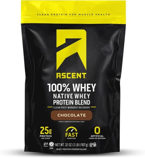 Ascent 100% Whey Protein Powder – Post Workout Whey Protein Isolate, Zero Artificial Flavors & Sweeteners, Gluten Free, 5.5g BCAA, 2.6g Leucine, Essential Amino Acids, Chocolate 2 lb