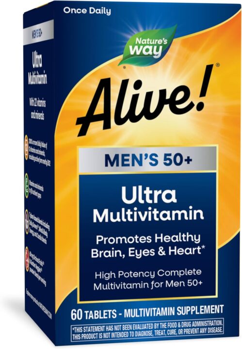 Nature’s Way Alive! Men’s 50+ Daily Ultra Multivitamin, High Potency Formula, Supports Healthy Brain, Eyes & Heart*, with Methylated B12, Gluten-Free, 60 Tablets (Packaging May Vary)