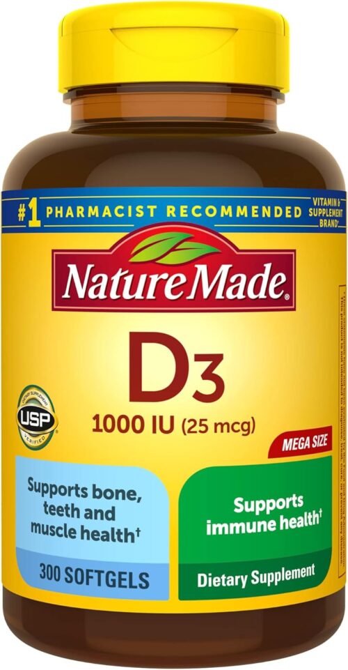Nature Made Vitamin D3 1000 IU (25 mcg), Dietary Supplement for Bone, Teeth, Muscle and Immune Health Support, 300 Softgels, 300 Day Supply