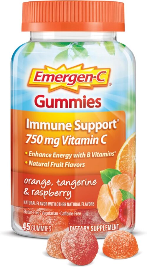 Emergen-C 750mg Vitamin C Gummies for Adults, Immunity Gummies with B Vitamins, Gluten Free, Orange, Tangerine and Raspberry Flavors, 45 Count (Pack of 1)