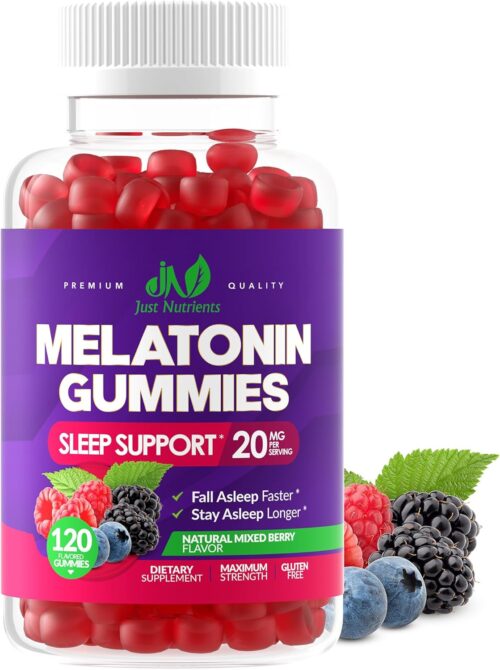 Melatonin 20mg Gummies for Adults (120 Count) – Maximum Strength Sleep Aid with 10mg of Melatonin Per Gummy – Gluten-Free, Non-GMO, Vegetarian, Great Tasting Mixed Berry Flavor – 60 Servings