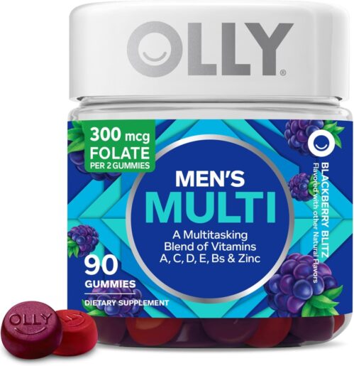 OLLY Men’s Multivitamin Gummy, Vitamins A, C, D, E, B, Zinc, Blackberry Flavor, 45 Day Supply – 90 Count