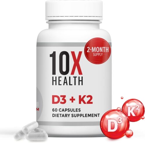 10X Health Vitamin D3 K2 – Loaded with 125 mcg Vitamin D and 90 mcg Vitamin K (Menaquinone 7) – D3 and K2 Supplements That Support Bone Health, Heart and Teeth – 60 Capsules