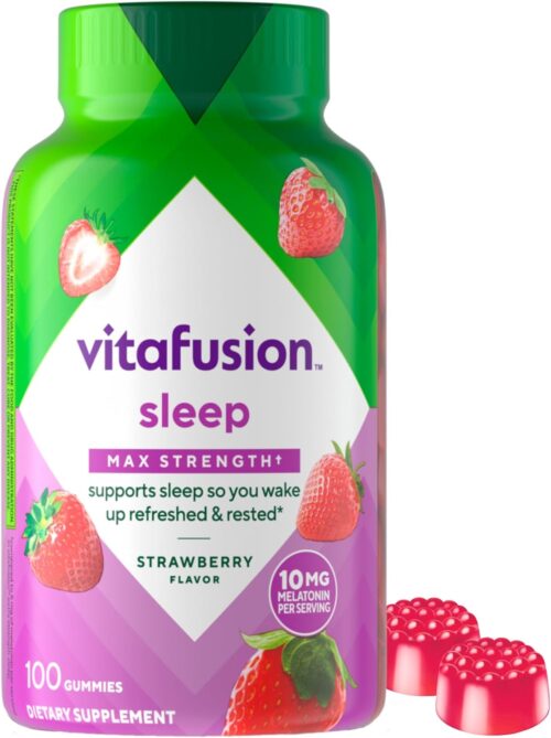 Vitafusion Max Strength Melatonin Gummy Supplements, Strawberry Flavored, 10 mg Melatonin Sleep Supplements, America’s Number 1 Gummy Vitamin Brand, 50 Day Supply, 100 Count