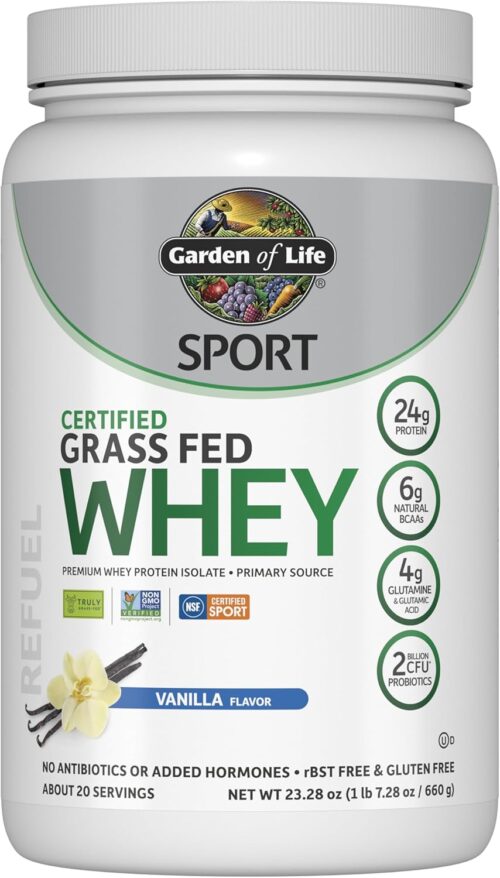 Garden of Life SPORT Whey Protein Powder Vanilla., Premium Grass Fed Whey Protein Isolate plus Probiotics for Immune System Health, 24g Protein, Non GMO, Gluten Free., Cold Processed – 20 Servings