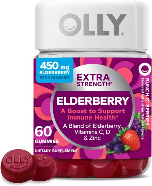 OLLY Extra Strength Elderberry Gummies, Immune Support, 450mg Elderberry, Vitamin C, D and Zinc, Berry – 60 Count