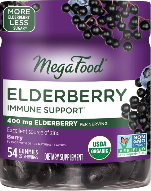 MegaFood Elderberry Immune Support Supplement – Vegan Elderberry Gummies for Adults – Made with Zinc and Real Food – Pectin-Based, Gluten-Free, USDA Organic – 54 Gummies, 27 Servings