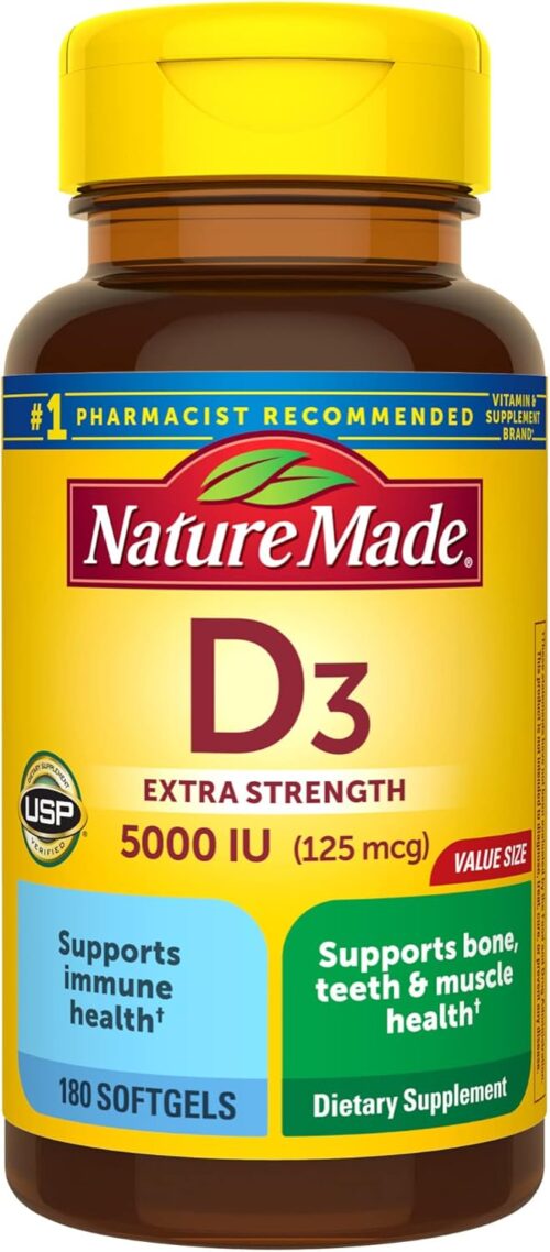 Nature Made Extra Strength Vitamin D3 5000 IU (125 mcg), Dietary Supplement for Bone, Teeth, Muscle and Immune Health Support, 180 Softgels, 180 Day Supply
