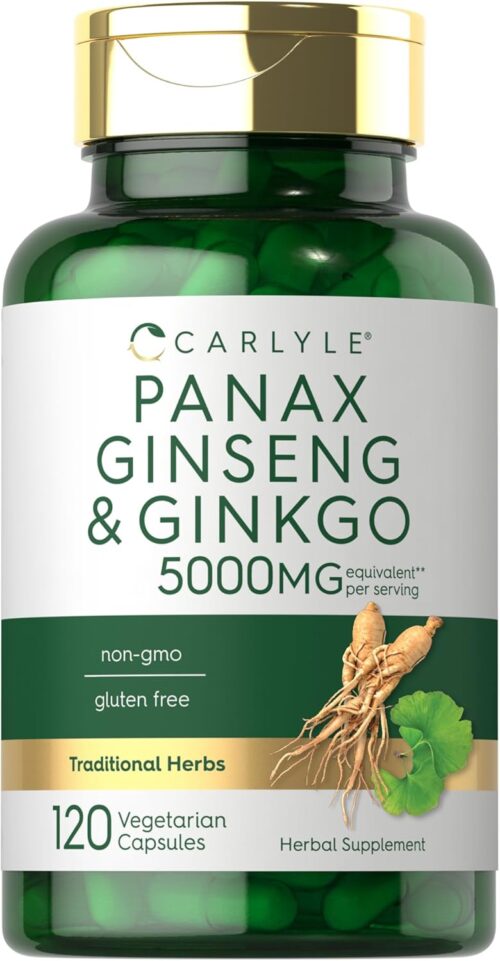 Carlyle Panax Ginseng + Ginkgo Biloba | 120 Vegetarian Capsules | 5,000mg | Vegetarian, Non-GMO, and Gluten Free Supplement