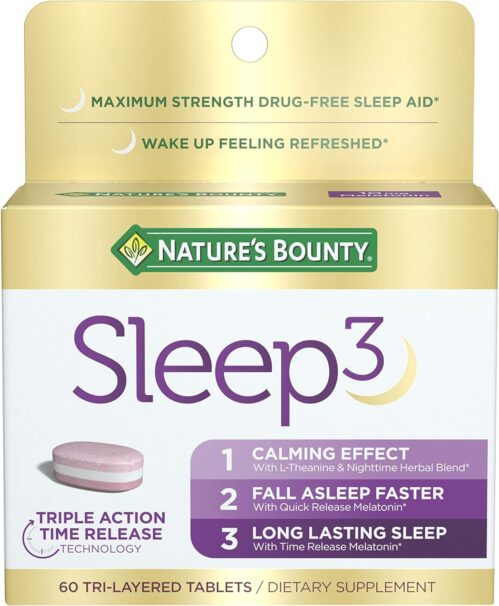 Nature’s Bounty Sleep3 Melatonin 10mg, Maximum Strength 100% Drug Free Sleep Aid, Dietary Supplement, L-Theanine & Nighttime Herbal Blend Time Release Technology, 60 Tri-Layered Tablets