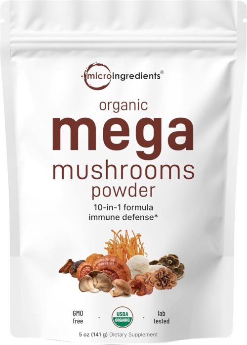 Micro Ingredients Organic Mega Mushroom 10 in 1 Complex Formula Powder for Immune System Booster, 5 Ounce (141 Days Supply), Chaga, Lions Mane, Cordyceps, Shiitake, & More | Filler Free, Vegan
