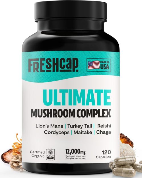 FreshCap Ultimate Mushroom Supplement 12,000mg – Mushroom Complex Capsules, Organic Mushrooms Supplement, Nootropic Brain Supplements for Memory and Focus Ayurveda (120 Capsules)