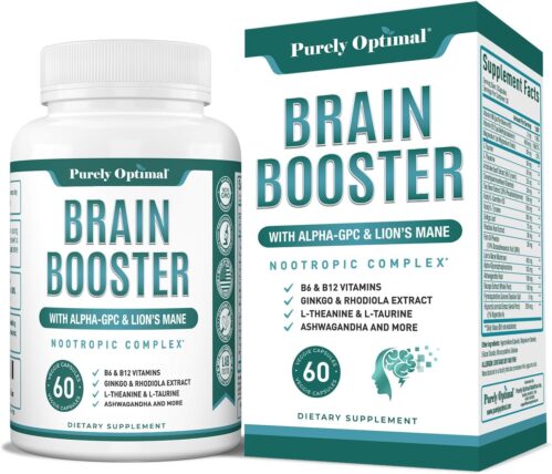 Purely Optimal Brain Supplement for Memory and Focus – Nootropic Support with Lion’s Mane, Alpha-GPC, Ginko Biloba, & Bacopa Monnieri – 60 Capsules