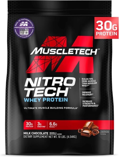 Muscletech Whey Protein Powder (Milk Chocolate, 10 Pound) – Nitro-Tech Muscle Building Formula with Whey Protein Isolate & Peptides – 30g of Protein, 3g of Creatine & 6.6g of BCAA
