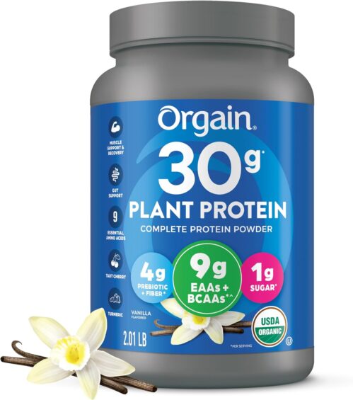 Orgain Organic 30g Vegan Protein Powder, Vanilla, 9g EAAs + BCAAs, Plant Protein, 4g Prebiotic + Fiber, 1g Sugar, Pre-Workout, Muscle Support + Recovery, PMV – 2.01lb (Packaging May Vary)