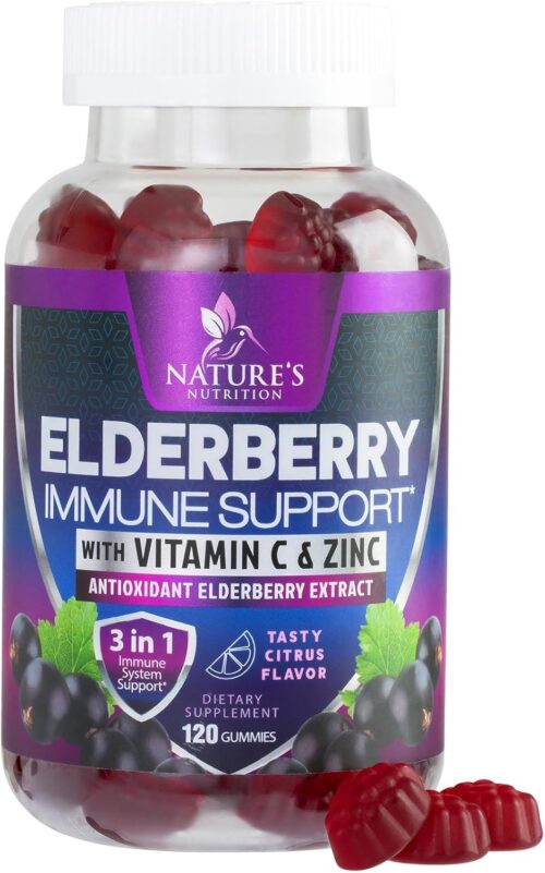 Immune Support Gummies – Powerful Sambucus Elderberry Gummies with Elderberry Extract, Zinc & Vitamin C Gummy, Max Potency Natural Vegan Immune Support Supplement for Adults & Children – 120 Gummies