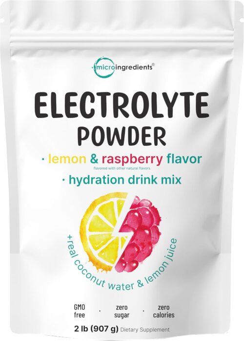 Micro Ingredients Hydration Electrolyte Powder, 2lbs (139 Servings), Keto & No Sugar – High Potassium (1000mg) with Lemon Raspberry Flavored – Made with Real Lemon Juice & Coconut Water – Non-GMO