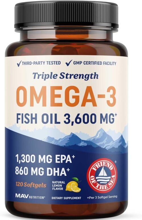 Triple Strength Omega 3 Fish Oil 3600 mg | EPA & DHA | Over 2100mg Omega-3 Fatty Acids | 1300mg EPA + 860mg DHA | Best Essential Fatty Acids | Premium Wild Caught & Burpless Fish Oil | 120 Ct