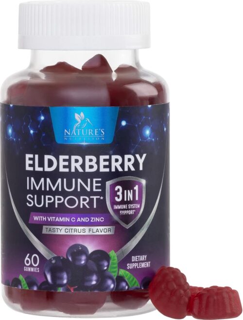 Sambucus Elderberry Immune Gummies, Daily Elderberry Immune Support Vitamins with Vitamin C, Vitamin D3, Zinc, Immune Support Gummy Vitamin Supplement, Black Elderberry for Adults & Kid – 60 Gummies