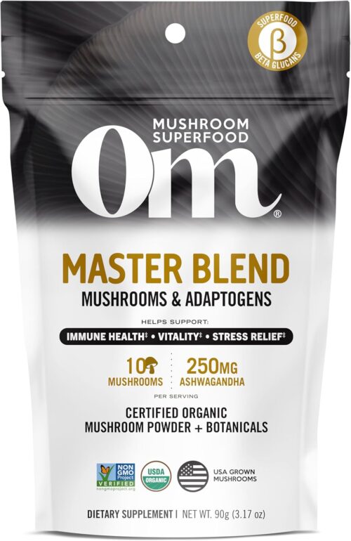 Om Mushroom Master Blend, Organic 10 Mushroom Complex & Adaptogens Powder, Reishi & Lions Mane – 3.17 oz