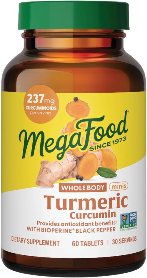 MegaFood Turmeric Curcumin Minis – Turmeric Curcumin with Black Pepper – Turmeric Supplement with Vitamin C and Black Pepper Extract – Non-GMO, Made Without 9 Food Allergens – 60 Tabs (30 Servings)