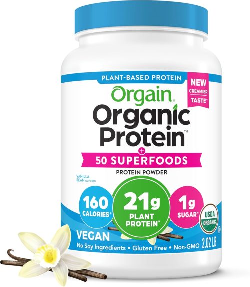 Orgain Organic Vegan Protein + 50 Superfoods Powder, Vanilla Bean – 21g Plant Based Protein, 8g Prebiotic Fiber, No Lactose Ingredients, Gluten Free, No Added Sugar, Non-GMO, 2.02 lb