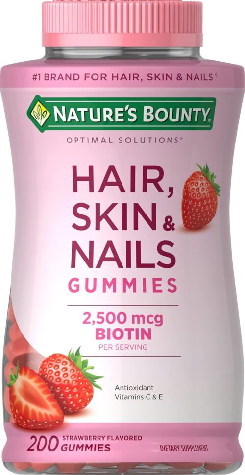 Nature’s Bounty Optimal Solutions Hair, Skin and Nails Gummies with Biotin, 2500 mcg, Strawberry Flavored, 200 Count, 100 Total Servings