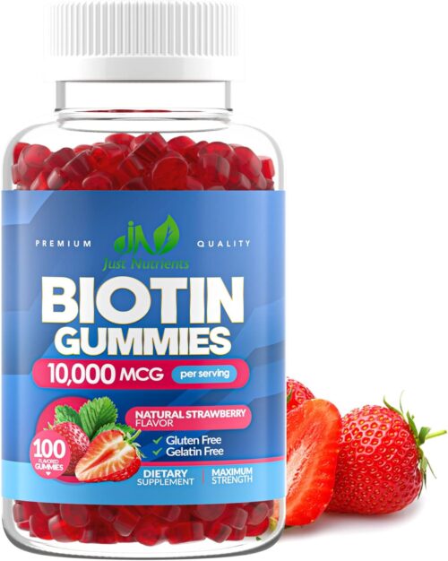 Biotin 10,000mcg Gummies for Women & Men (100 Count) – 2x Extra Strength Biotin for Hair Growth, Skin & Nails – Gluten-Free, Vegan, Non-GMO, Great Tasting Strawberry Flavor – 100 Gummies