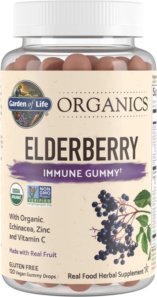 Garden of Life Organics Elderberry Gummies for Adults & Kids – Immune Support Supplement with Organic Fruit, Herbal Blend, Elderberry, Echinacea, Zinc, Vitamin C, 120 Vegan Gluten Free Gummies