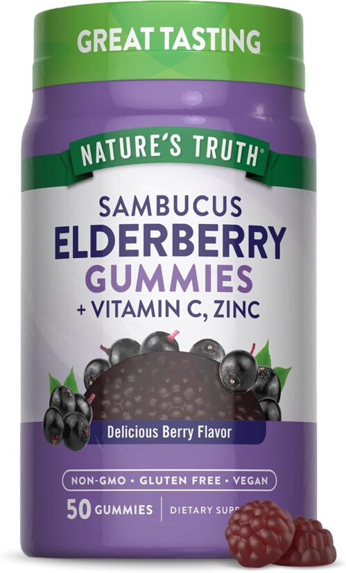 Nature’s Truth Black Elderberry Gummies | 50 Vegan Gummies | with Vitamin C and Zinc | Berry Flavor | Vegan, Non-GMO, and Gluten Free Supplement