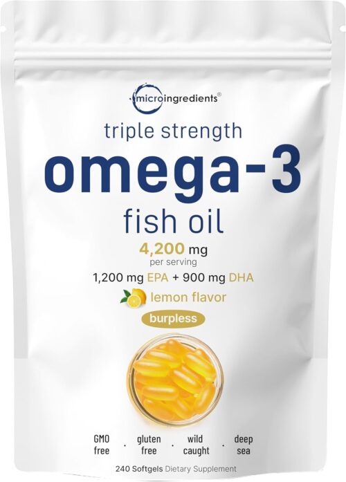 Micro Ingredients Triple Strength Omega 3 Fish Oil Supplements 4200mg Per Serving, 240 Softgels – Lemon Flavored – Burpless | EPA 1200mg + DHA 900mg | Deep Sea Fish.