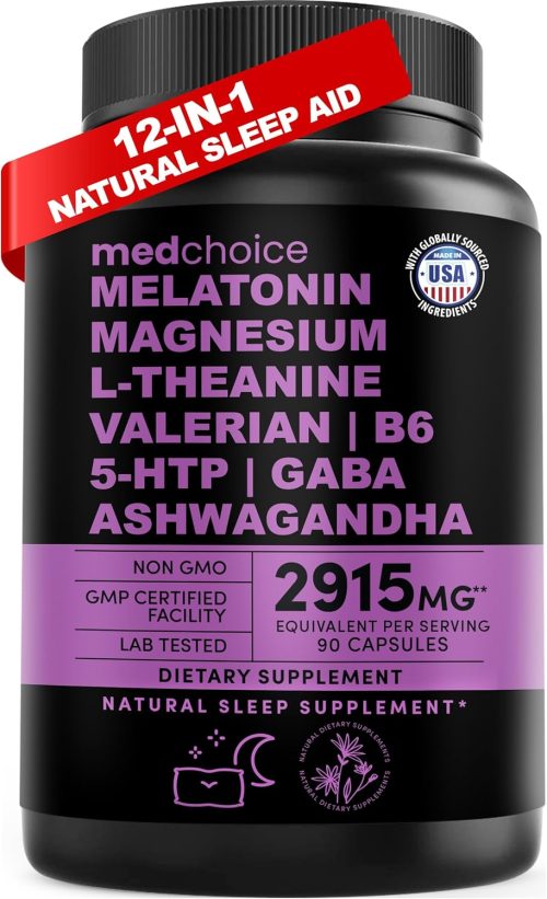 12-in-1 Melatonin Sleep Capsules – Natural Sleep Aids for Adults with Melatonin 5mg and Magnesium Glycinate 500mg, Sleep Aid with Ashwagandha, L Theanine, Valerian Root, GABA, 5-HTP (90ct, Pack of 1)