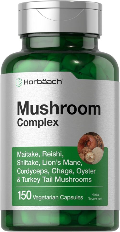 Horbäach Mushroom Complex Capsules | 150 Count | Non-GMO & Gluten Free Supplement | Reishi, Chaga, Lions Mane, Cordyceps, Maitake, Shiitake, Oyster and Turkey
