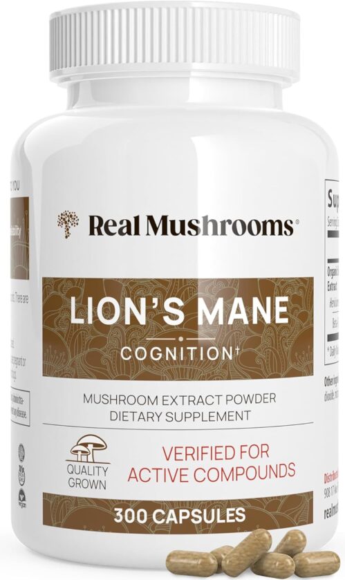 Real Mushrooms Lion’s Mane Capsules – Organic Lions Mane Mushroom Extract for Cognitive Function & Immune Support – Brain Mushroom Supplements for Memory and Focus – Vegan, 300 Caps