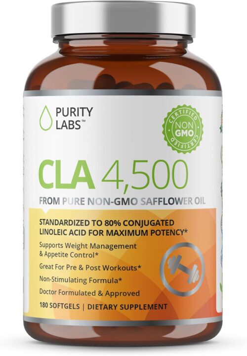 Purity Labs CLA Supplements 4500MG – Non-GMO Safflower Oil – Supports Energy, Weight Loss, Heart Health, and Muscle Health – 180 Soft gels
