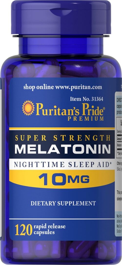 Puritan’s Pride Premium Super Strength Melatonin 10mg Sleep Aid, Dietary Supplement for Sound, Restful, and Longer Sleep Support, 4 Month Supply, 120 Rapid Release Capsules (Packaging May Vary)