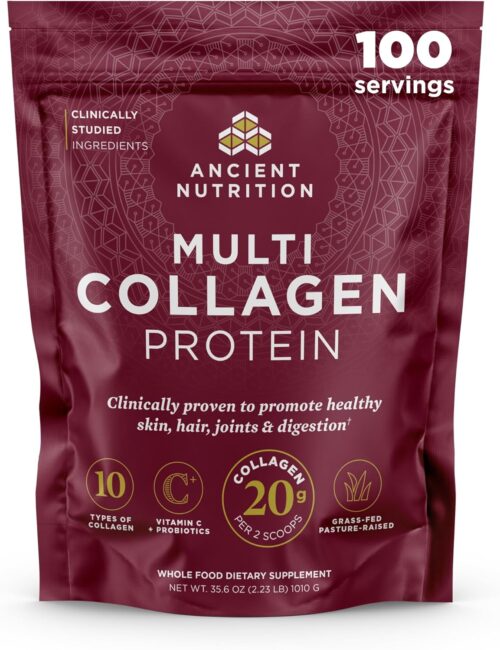 Ancient Nutrition Collagen Powder Protein with Probiotics, Unflavored Multi Collagen Protein with Vitamin C, 100 Servings, Hydrolyzed Collagen Peptides Supports Skin and Nails, Gut Health, 35.6 oz