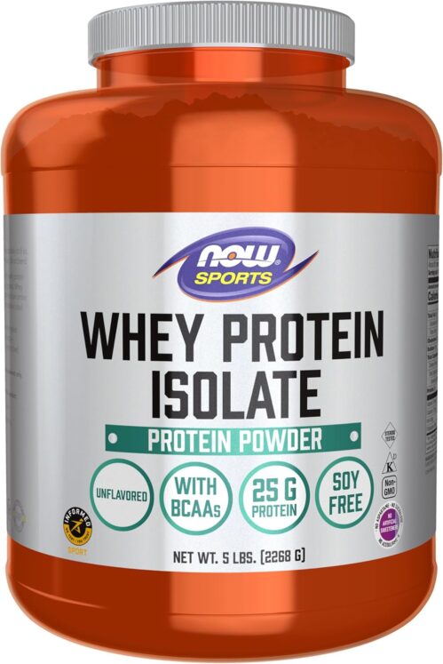NOW Foods Sports Nutrition, Whey Protein Isolate, 25 g With BCAAs, Unflavored Powder, 5-Pound