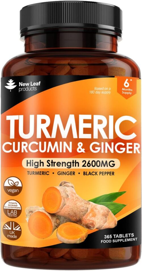 Turmeric Tablets – High Strength Extract with Black Pepper & Ginger (365 Tablets) Active 95% Turmeric Curcumin Supplements, Vegan, GMP, GMO Free Gluten Free, UK Made by New Leaf