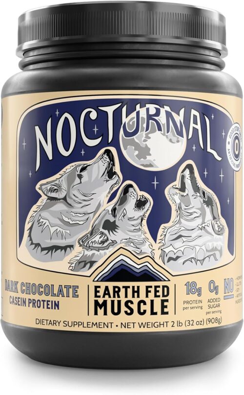 Earth Fed Muscle Nocturnal Casein/Whey Protein Blend. Helps Keep You Full, Overnight Muscle Recovery, Rich Dark Chocolate Flavor – 18g Protein, 23 Servings – Sugar Free, Keto, Soy Free, Gluten Free.