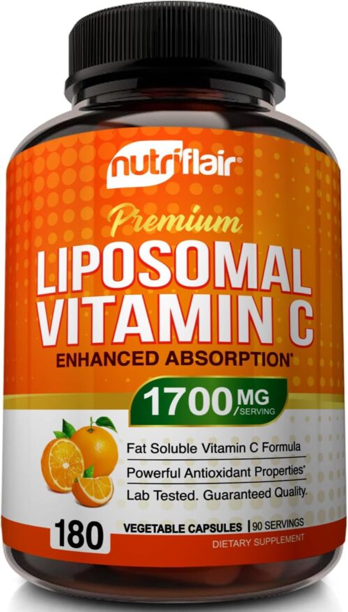 NutriFlair Liposomal Vitamin C 1700mg, 180 Capsules – High Absorption, Fat Soluble VIT C, Antioxidant Supplement, Higher Bioavailability Immune System Support & Collagen Booster, Non-GMO, Vegan Pills