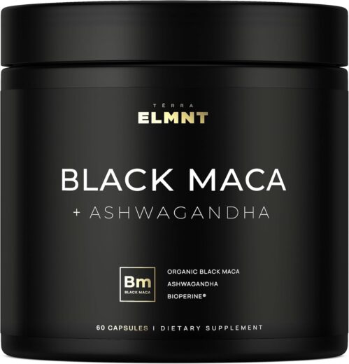 ELMNT 40,000mg 40x Strength Organic Black Maca Root + Ashwagandha – #1 Highest Potency Black Maca Root Capsules for Men Supplement 100% Pure Maca Peruana 40:1 Extract Maca Powder Pills Male Booster