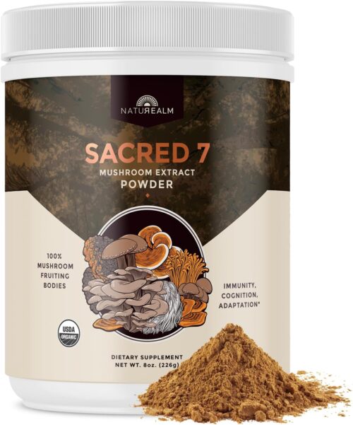 Naturealm Sacred 7 Mushroom Powder Supplement – Boost Immunity, Focus, Vegan, Non-GMO – Lion’s Mane, Cordyceps, Reishi, Chaga, Maitake, Shiitake – Organic Fruiting Bodies, 7-Month Supply