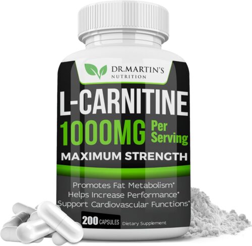 DR. MARTIN’S NUTRITION Extra Strength L-Carnitine – 200 Capsules – 1000mg Per Serving – Boost Your Metabolism and Increase Performance