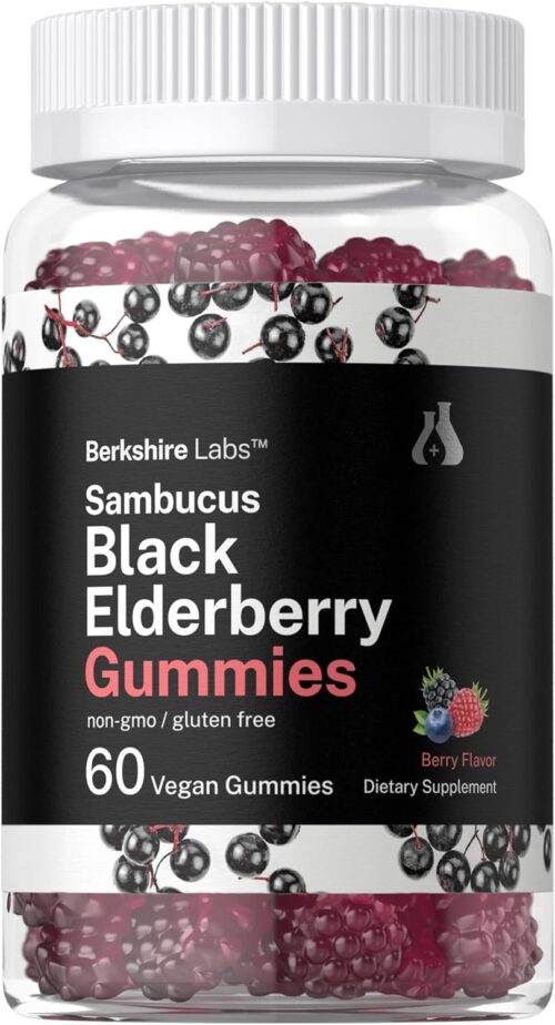 Horbaach Sambucus Black Elderberry Gummies | 60 Count | with Zinc and Vitamin C | Vegan, Non-GMO, Gluten Free Extract for Adults | Berry Flavor | by Berkshire Labs