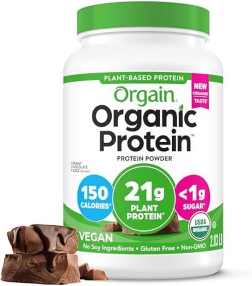 Orgain Organic Vegan Protein Powder, Creamy Chocolate Fudge – 21g Plant Protein, 7g Prebiotic Fiber, Low Net Carb, No Lactose, No Added Sugar, For Shakes & Smoothies, 2.03 lb (Packaging May Vary)