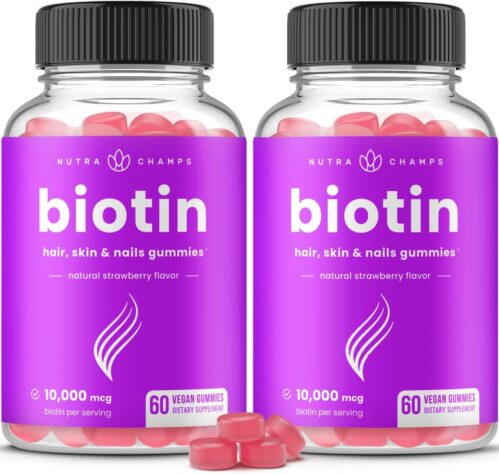 NutraChamps (2 Pack) Biotin Gummies 10,000mcg [High Potency] for Healthy Hair, Skin & Nails for Adults & Kids – 5000mcg in Each Gummy Vitamin – Vegan, Non-GMO, Pectin-Based Hair Health Supplement